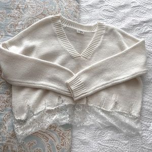 Cropped lace trim sweater